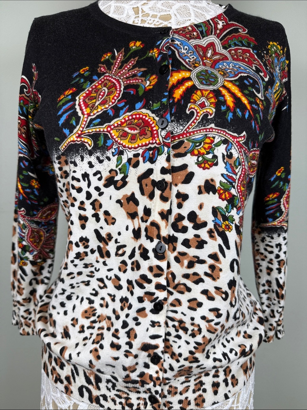 Joseph A. Mixed Media Floral Paisley & Leopard Print Knit Cardigan Sweater M